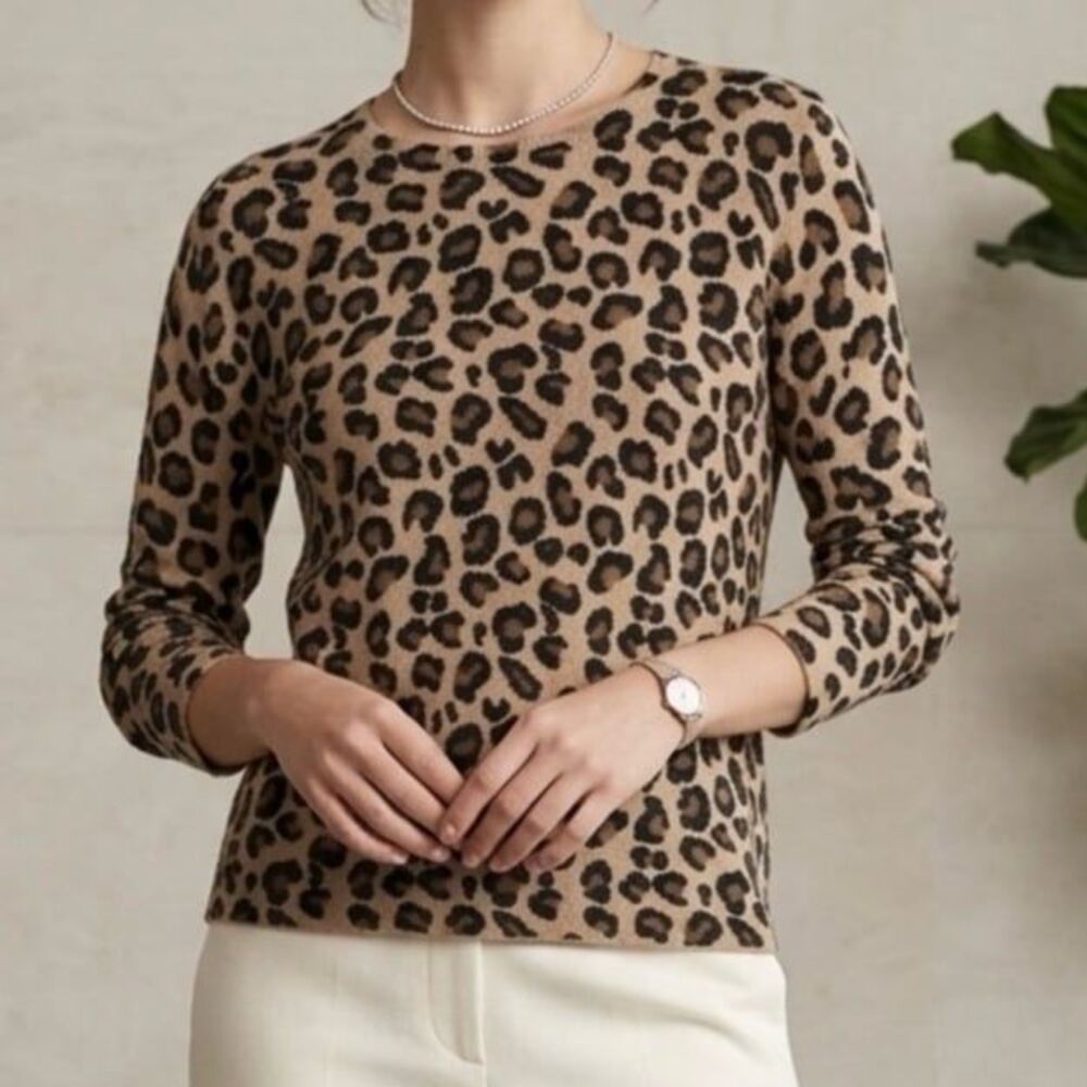 Cynthia Rowley 100% Cashmere Knit Leopard Print Crewneck Long Sleeve Sweater Lg